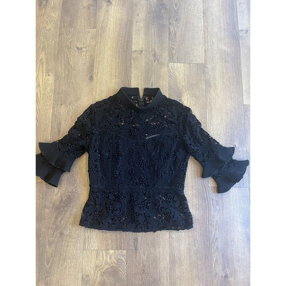 Rachel Zoe Womens Lace 3/4 Sleeve Size 2 Back Zip Blouse Black - Picture 2 of 11